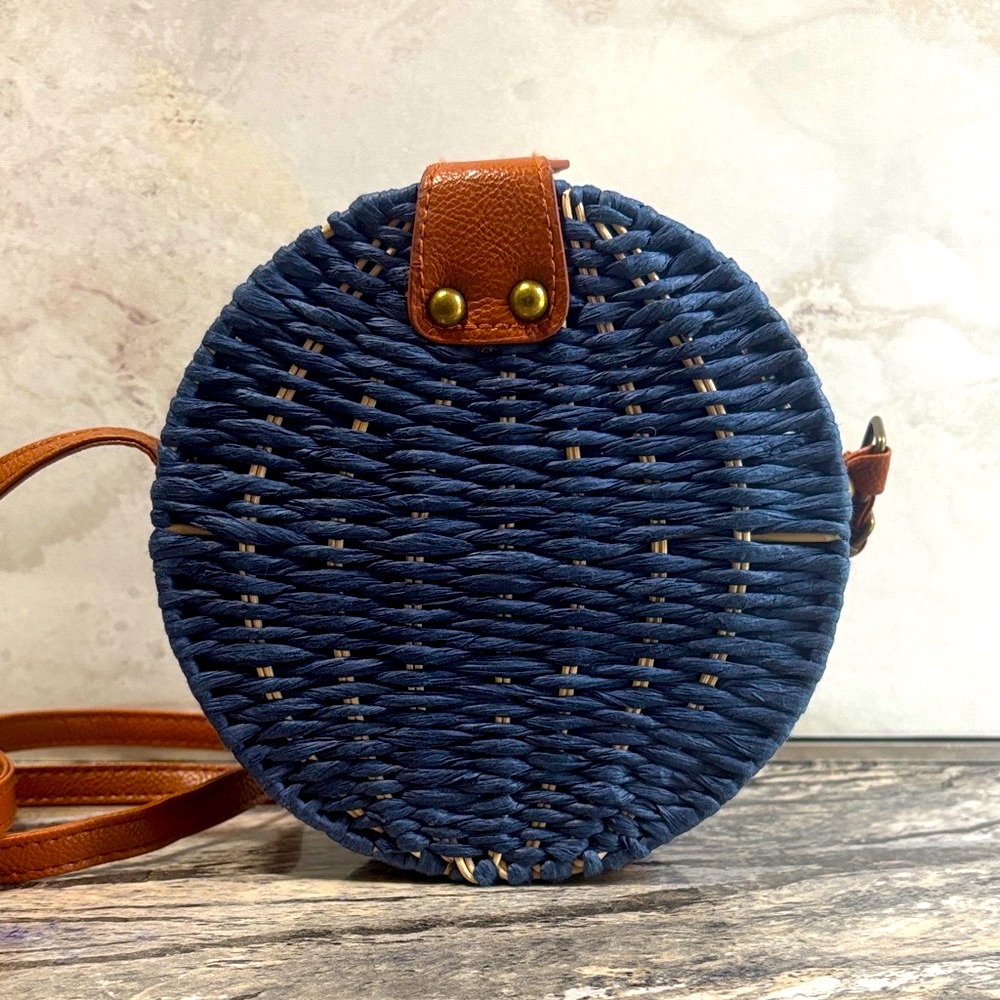 Navy Blue Woven Round Crossbody Bag